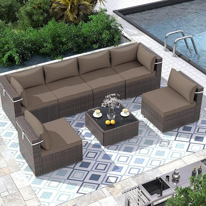 Outdoor Sectional Cushions Replacement Set, 26x26in Patio Furniture Cushions, 14 Pieces Waterproof Outdoor Couch Cushion for 6 Seat Wicker Conversation (Khaki)