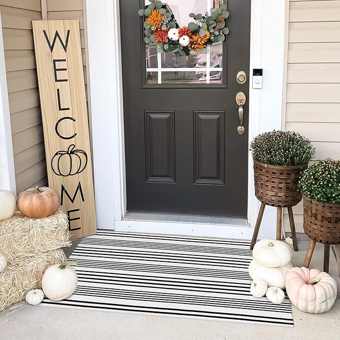 OJIA Front Door Rugs 27.5x43 Inches, Black and White Striped Outdoor Rugs Porch Rug Machine Washable Cotton Woven Entryway Rug Front Door Mats for Porch/Farmhouse/Kitchen/Home Outside Entrance Decor