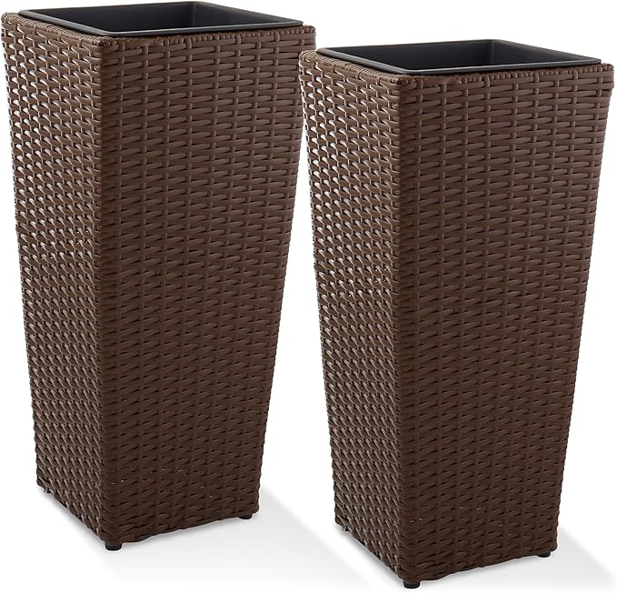Casafield Set of 2 All-Weather Outdoor Planters with Liners, Tall Tapered Plant Boxes with Flower Pots for Front Porch, Patio, Garden - Espresso