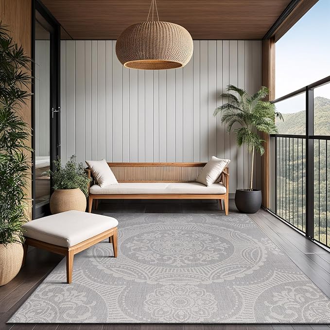 Medallion Outdoor Rug 10x14 Washable Outside Carpet for Indoor Patio Porch Waterproof Easy Cleaning Non Shedding Area Rugs Gray 10 x 14