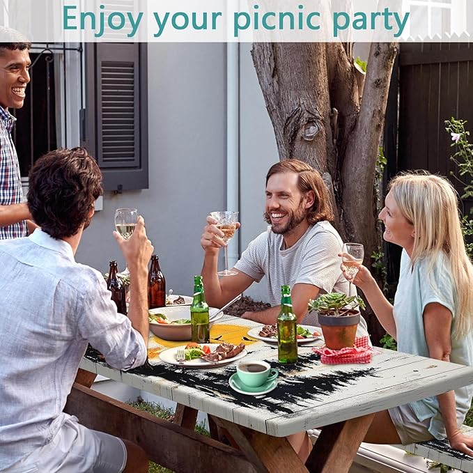 3PCS Picnic Table Cover with Bench Cover Forest Sunset Silhouette Wooden Patten Camping Tablecloth Fitted Picnic Table Cover with Elastic Windproof Waterproof Outdoor & Garden Camping Accessories 60IN