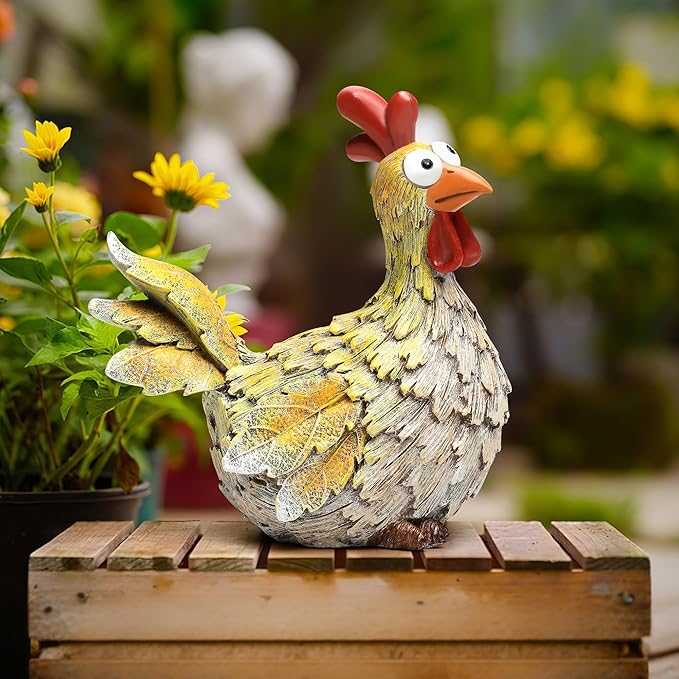 Outdoor Farmhouse Funny Chicken Statues Garden Cute Chicken Decorations Resin Animal Figurines Hen Yard Art Sculpture for Farm, Garden, Patio, Lawn, Outside Home Hen Decor