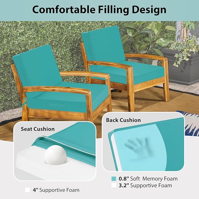 Waterproof Outdoor Chair Cushions 24x24, Memory Foam Outdoor Cushions for Patio Furniture with Removable Cover, Deep Seat Cushions for Outdoor Furniture with Ties and Handle, Teal