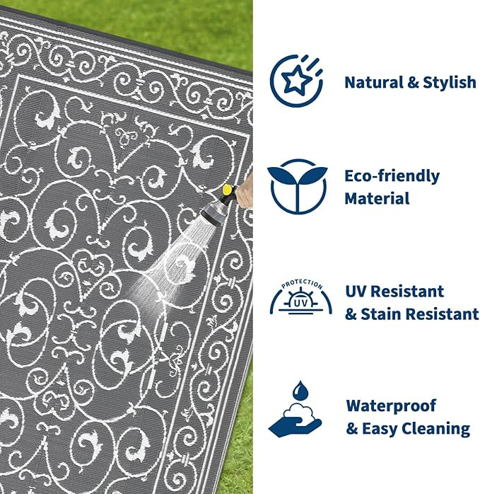 MilleLoomi Waterproof Plastic Straw Outdoor Rug 9x18 Patio Reversible UV Resistant Foldable Camping Carpet Vintage Large Outdoor Rugs for Deck, Picnic, Porch, Camper, Balcony, Beach，Grey