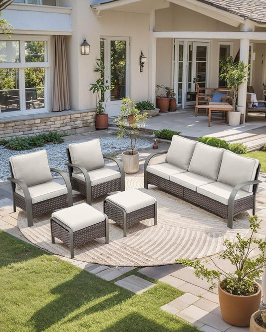 HUMMUH Outdoor Patio Conversation Furniture Sets-Deep Seating Wicker Patio Chairs with Patio Sofa Set Outdoor Patio Furniture for Deck Porch Garden Poolside Backyard-Brown/Beige