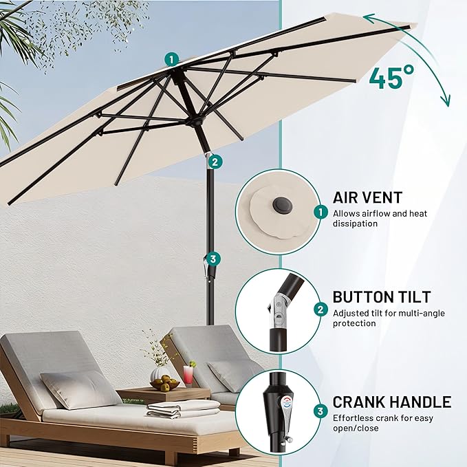 AreShark 9 FT Patio Umbrella for Outdoor, Outdoor Table Umbrella with Push Button Tilt and Crank, Outdoor Patio Umbrellas with 8 Sturdy Ribs for Market, Garden, Pool (Cream-white)