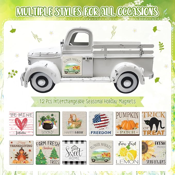 Sunflower Decor 13.4 Inch Vintage White Farmhouse Truck with 12 Magnets Sunflower Kitchen Spring Decorations for Home Shelf Office Metal Pickup Interchangeable Seasonal Decor Garden Truck Planter
