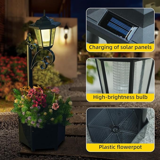 2 Pack Solar Floor Lamps with Planter (2-in-1 Design), 29.5" Outdoor LED Garden Lights - IP44 Waterproof, Warm White Auto-On at Dusk, Easy Install for Lawn, Patio, Porch, Yard & Pathway Decor