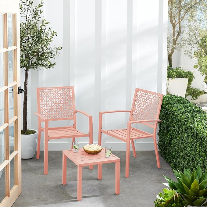 Best Choice Products 3-Piece Outdoor Bistro Set, Stackable Modern Steel Furniture for Porch, Garden w/ 2 Chairs, Table, Geometric Decor - Peach