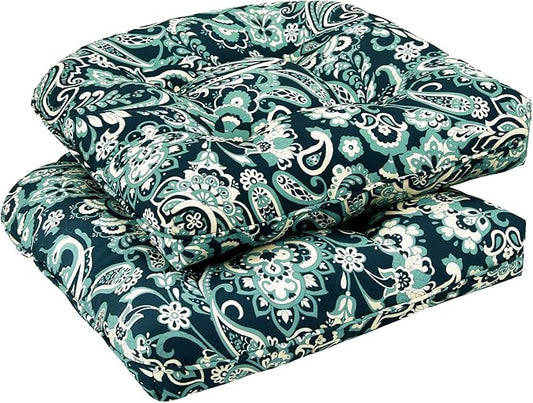 downluxe Outdoor Chair Cushions Set of 2 for Patio Furniture, Waterproof Tufted Overstuffed Patio Furniture Cushions, Thick Outdoor Seat Cushion, 19" X 19" X 5", Green Paramecium