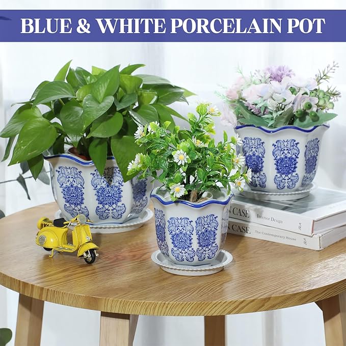Set of 3 Blue and White Porcelain Flower Pots 7.2'' 6'' 4'' Decorative Chinoiserie Plant Pots with Drainage Hole Saucers Ceramic Planters for Indoor Garden(Classic Style)