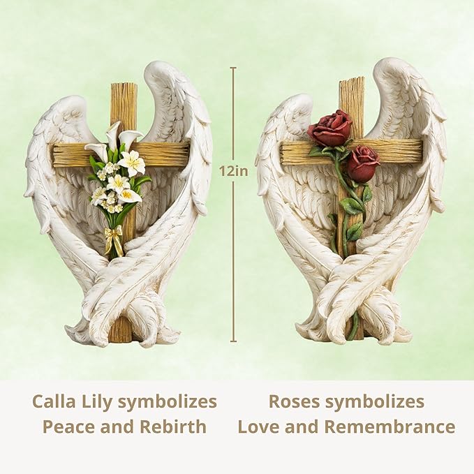 12" Angel Wings Embracing Cross and Rose Garden Statue Memorial Statue for Beloved one