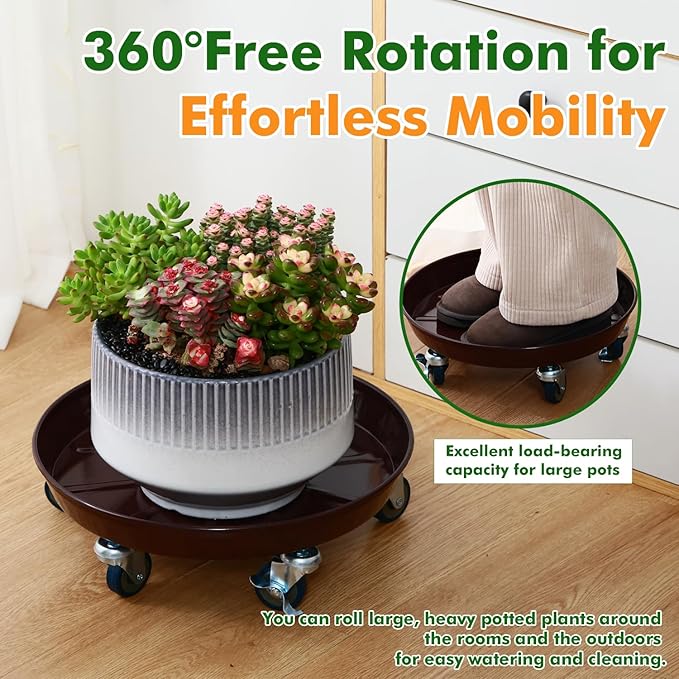 3 Packs 13 inches Metal Plant Caddy with Wheels Large Rolling Plant Stand Heavy-Duty Iron Plant Dolly Casters for Indoor Outdoor Flower Pot Mover Roller Coasters, Dark Coffee