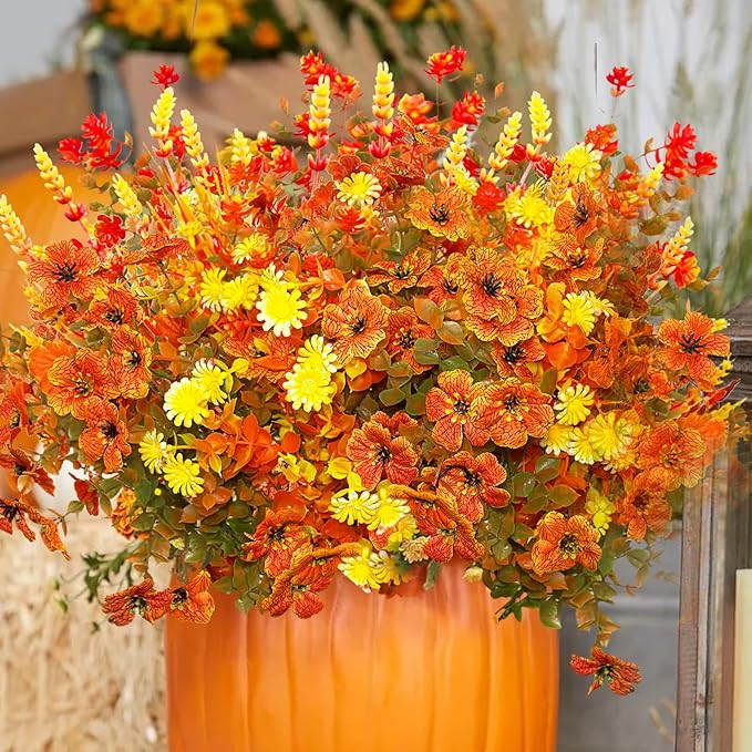 16 Bundles Fall Artificial Flowers for Outdoor, No Fade Faux Autumn Plants with Daisy Camellia Eucalyptus Lavender Stems for Front Door Porch Patio Yard Balcony Autumn Decor Thanksgiving Table