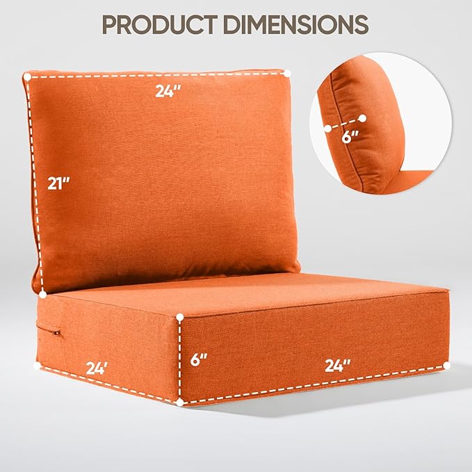 6" Thick Outdoor Cushion, 24*24*6" Patio Furniture Cushions with Waterproof Patio Furniture Cushions with Removable Cover, 28D High Density Patio Cushion for Outdoor Furniture, Orange-8pcs