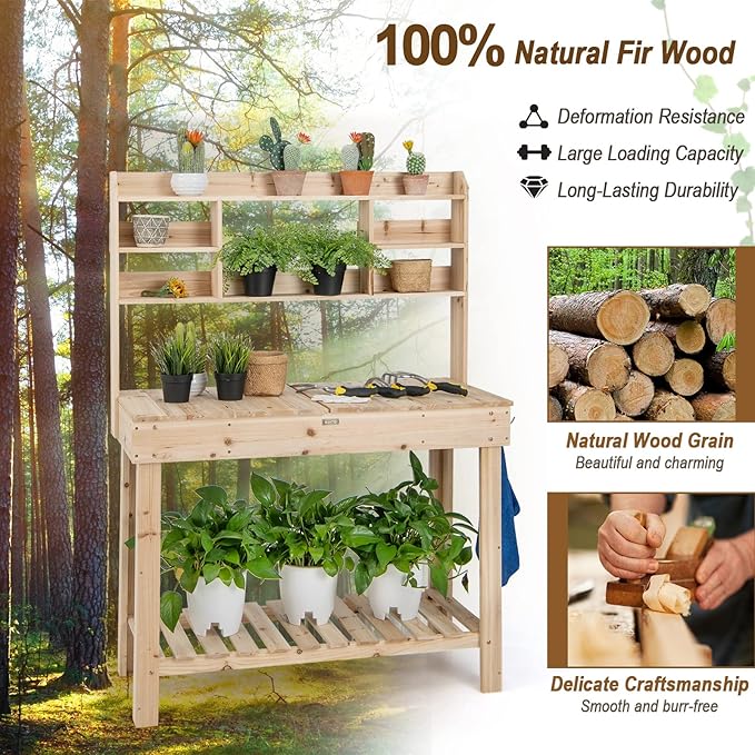 Giantex Garden Potting Bench Table, Large Workbench Table with Shelves, Openable Tabletop Hidden Storage Cabinet, 3 Hooks, Outdoor Wooden Workstation for Patio Garden Garage, 43.5"x19.5"x 60.5"