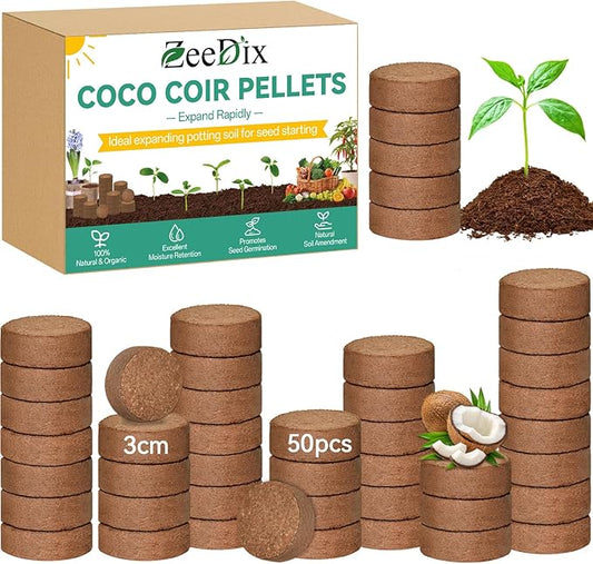 ZeeDix 50 Pcs 30mm Organic Coco Coir Pellets for Seed Starter, Compressed Coconut Coir Potting Soil for Planting, Garden Soil for Indoor Outdoor Plants Bonsai Herbs Flowers Vegetables