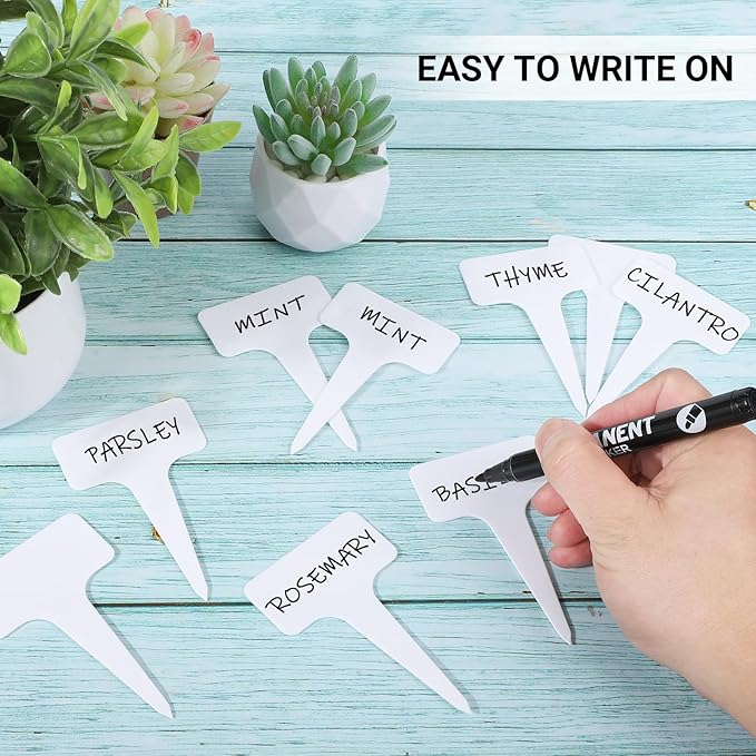 Greaner 4 Inch T-Type Plant Labels, 6x10cm White Nursery Garden Labels, Plastic Plant Tags for Outdoor Garden Waterproof, Reusable Plant Signs for Outdoor Indoor Nursery Potted with A Marker Pen