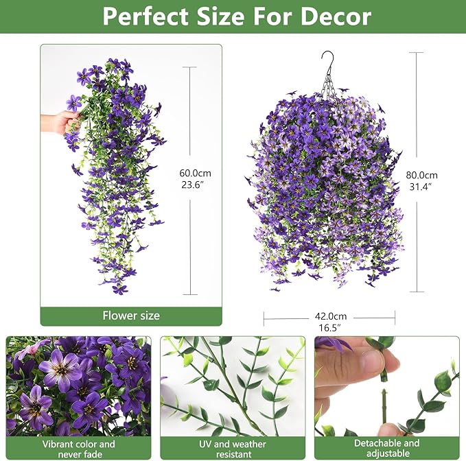 INQCMY Artificial Fake Hanging Plants Flowers Basket for Spring Outdoor Outside Decoration,UV Resistant Faux Silk Flower in Planter for Home Patio Porch Balcony Garden Yard Decor(Mixed Color)