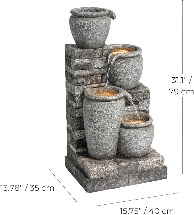 Teamson Home 30.7" 4-Tier Cascading Bowl Solar Powered Water Fountain for Outdoor Living Spaces, Gray