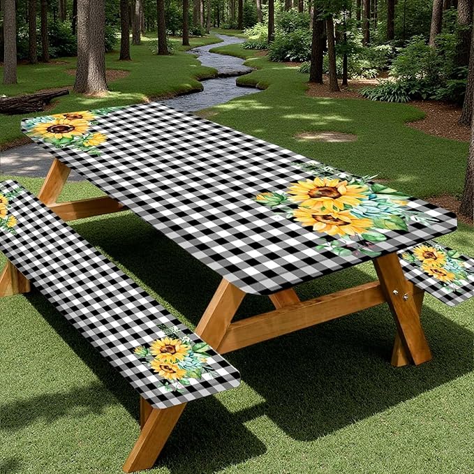 Picnic Table Cover with Bench Covers and Bag, Outdoor Waterproof Windproof Tablecloth with Elastic Edges. Camping Accessories RV Gear Campers 60x30 Inches 3 Pcs Set Black-White Checkered