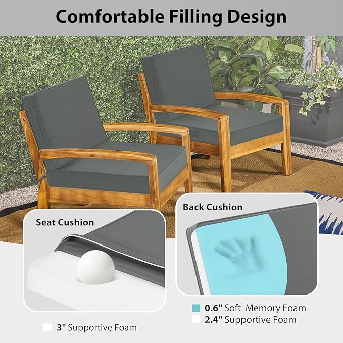 Waterproof Outdoor Chair Cushions 22x22, Memory Foam Outdoor Cushions for Patio Furniture with Removable Cover, Deep Seat Cushions for Outdoor Furniture with Ties and Handle, Dark Grey
