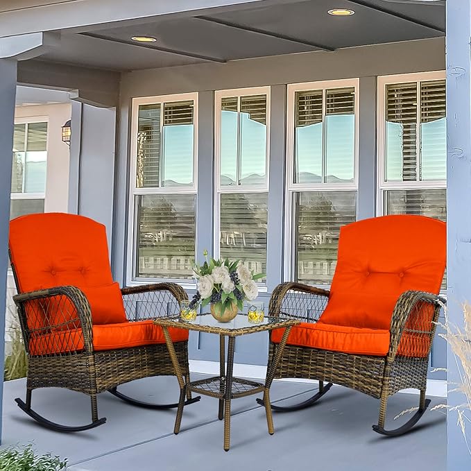 Wicker Rocking Chairs Set of 2, Rattan Patio Rocking Chairs, All-Weather Rocking Lawn Wicker Furniture for Porch Deck Garden Backyard(Red)