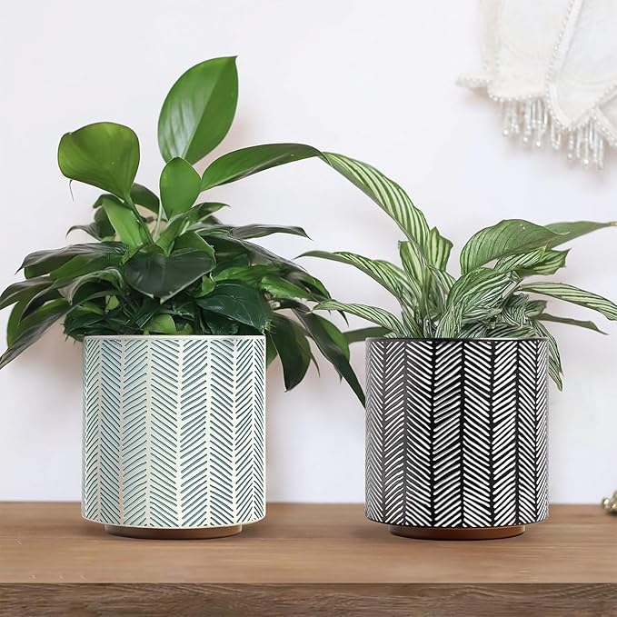 GUGUGO Slash Line Plant Pots, Boho Modern Geometric Planters Pots for Indoor Plants, Cute Unique Flower Pot with Drainage, Eclectic Colorful Small Succulent Planter Funky Gardening Pot Gifts, Green