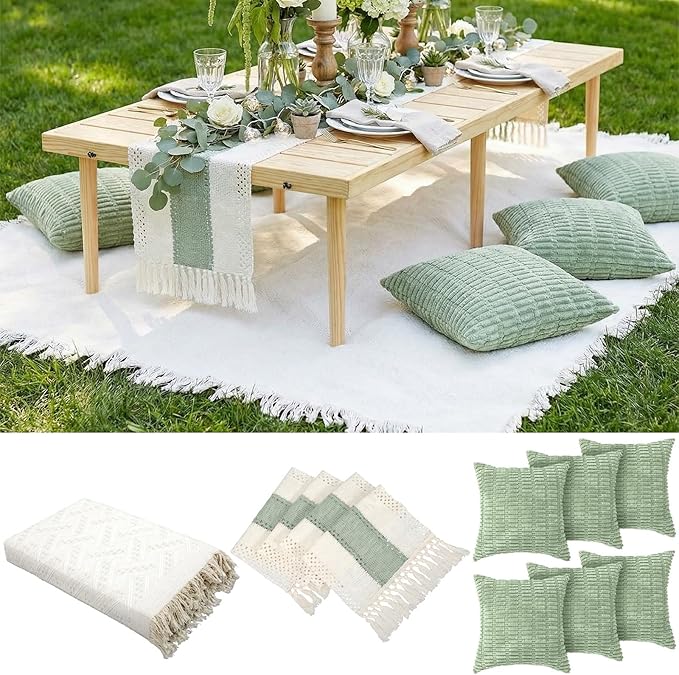 Extra Large Outdoor Boho Picnic Blanket 91'' x 71'' Green Table Runner 6 Throw Pillow Cover Woven Cotton Yarn Oversize Beach Blanket Washable for Picnic Camp Wedding