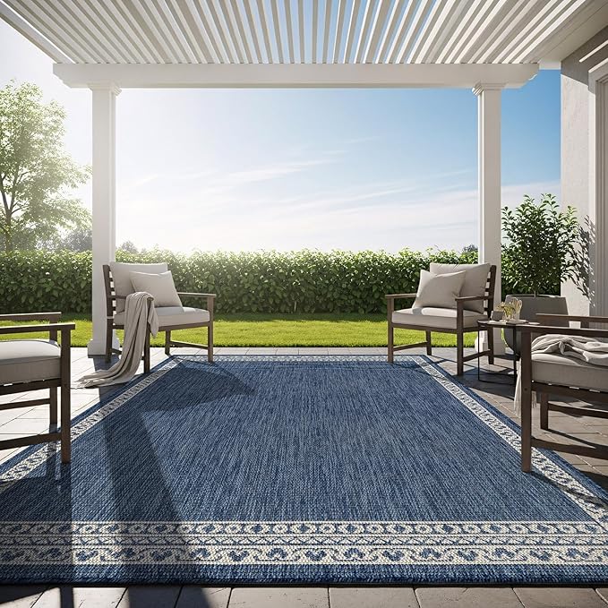 Washable Outdoor Rug 8x10 Modern Area Rugs Outdoor Carpets Bordered Pattern Non Shedding Waterproof Easy Clean Patio Deck Porch Living Room Bedroom Garden RV (8 X 10 Blue)