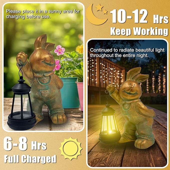 Outdoor Bunny Statue Solar Lantern for Garden Yard Lawn Patio Bronze Rabbit Figurine Decorations Housewarming for Mom Grandma Women