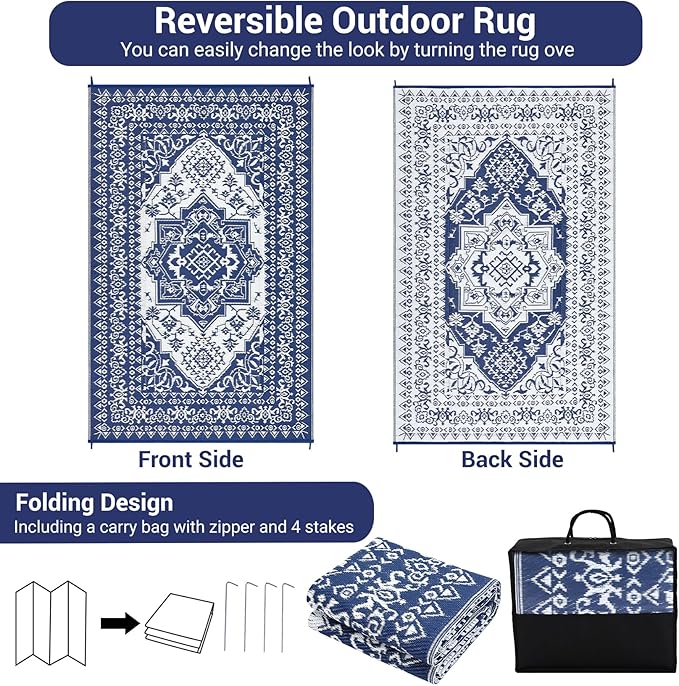 COZYLOOM 8x10 Outdoor Rug Waterproof Reversible Plastic Straw Mat, Large Dark Blue and White Vintage Medallion Patio Area Rug for Deck, Balcony, Camping, Beach, Picnic, Indoor/Outdoor Use