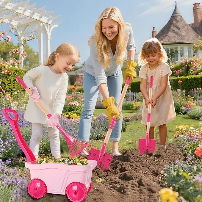 Duckura Kids Gardening Tools Set - 7pcs Wheelbarrow Set for Kids with Shovel, Rake, Leaf Rake, Summer Outdoor Yard Digging Weed Toys, Easter Birthday Gifts for Boys Girls Age 2 3+ Years Old(Pink)