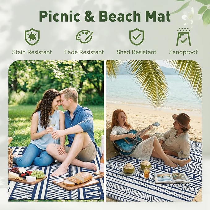 MontVoo Outdoor Rug 8x10 Waterproof Outdoor Patio Rug Mat Reverisble Plastic Straw Outdoor Rug for RV Camping Picnic Beach Balcony Boho Navy Blue