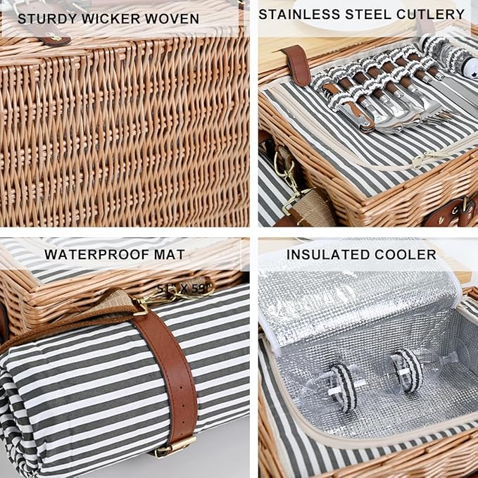 Multifunctional Wicker Picnic Basket Set for 4 with Blanket and Picnic Table, Insulated Picnic Set with Full Tablewares for Camping Outdoor Couples, Stripes