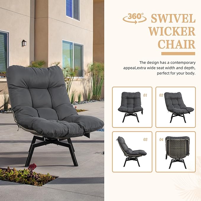 Vongrasig Swivel Wicker Chair PE Rattan Chair with Cushion, Oversized Patio Lounge Chair for Outdoor, Indoor, Balcony, Backyard, Garden, Living Room, Black Rattan