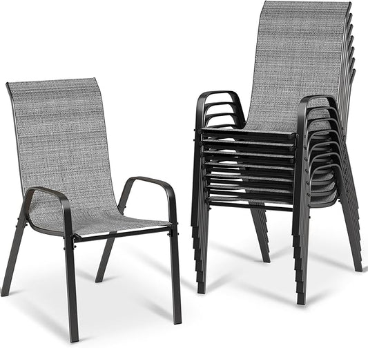 MAMIZO Patio Dining Chairs, Stackable All Weather Teslin Chair, Heavy Duty Outdoor Breathable Chairs Set, w/Armrests, Upgraded Chair FeetW/Strenthened Iron Spacers, 330 LBS (8, Grey)