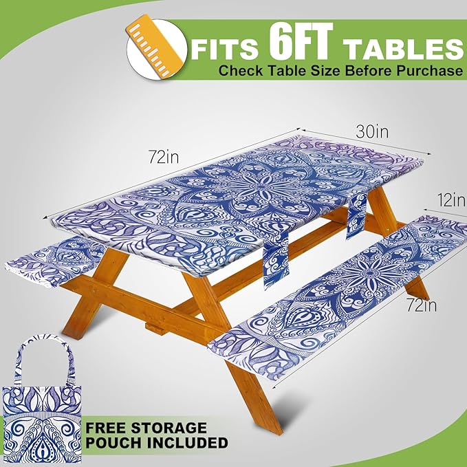 Picnic Table Cover with Bench Covers Vinyl Elastic Edges Fitted Rectangle Seat Tables Waterproof 3-Piece72X30in Set Outdoor Rectangular Folding Backing Tablecloth for Camping Over Size