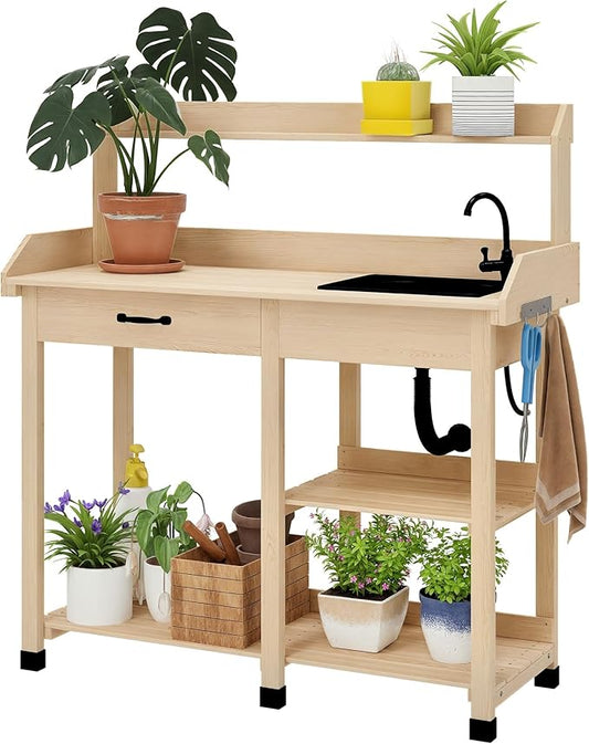 Outsunny Potting Bench Table, Outdoor Garden Table Wooden Work Station with Removable Sink, Faucet, Drawer, Shelves, Hooks, Natural Wood