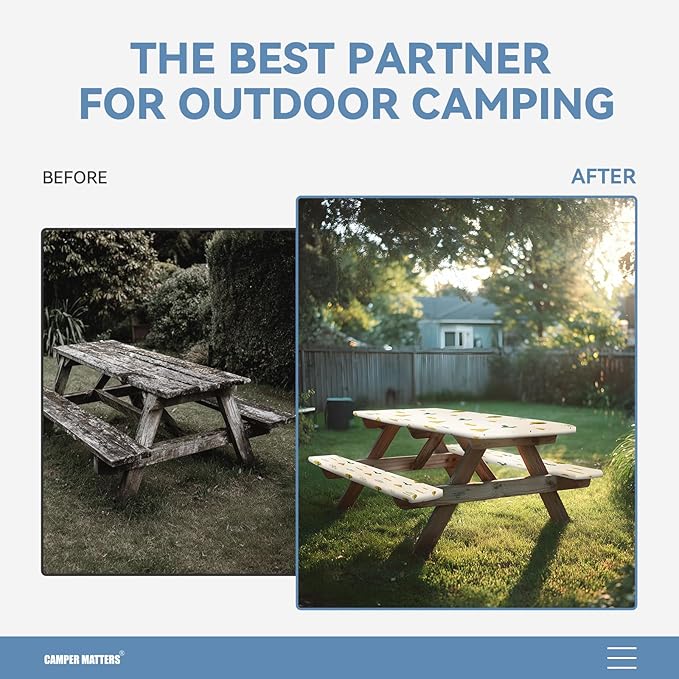 Picnic Table Cover and Bench Covers, Fitted Tablecloth Cover with Elastic Edge, Water and Oil Proof, for Outdoor, Garden, Camping, 72x28 Inch, 3 Pieces Set, Blue & White, Camping Cartoon