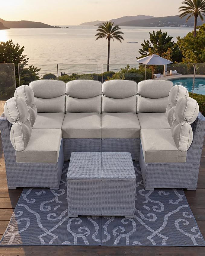 Luxury 24x24x6 Outdoor Seat Cushions for 6-Seat Sectional Sofa Set of 6 - Water-Repellent 14-Piece Patio Cushion Set for Outside Rattan Wicker Loveseat Chair L-Shape Couch - Beige/Smile