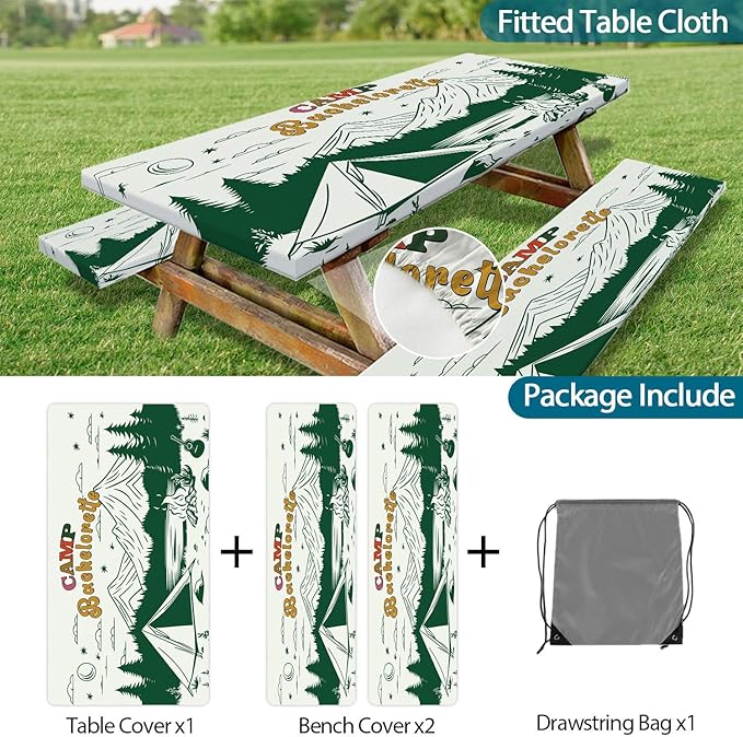 3PCS Picnic Table Cover with Bench Cover Green Forest Tent Torch Pattern Camping Tablecloth Fitted Picnic Table Cover with Elastic Windproof Waterproof, Outdoor & Garden Camping Accessories 60IN