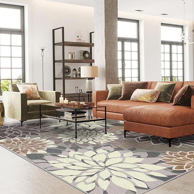 9x12 Outdoor Area Rug Washable Multicolored Patio Rug Tropical Botanical Floral Chenille Waterproof Outdoor Carpet Non-Slip for Deck, Backyard, Porch, Taupe