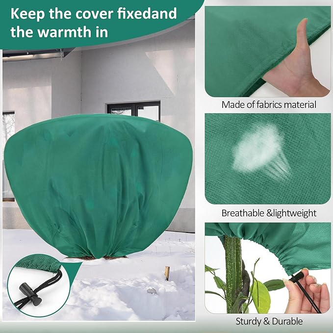 12 Pcs Winter Plant Covers Freeze Protection 39.4x23.6 Inch Horizontal Shrub Tree Rose Plant Protection Bags Frost Blanket with Drawstring for Fall Winter Outdoor Garden Planting (Dark Green)