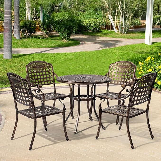 VINGLI Patio Chairs Set of 2 - Stackable Outdoor Cast Aluminum Dining Chairs with Vintage Bronze Finish and Plaid Pattern, Metal Armchairs for Poolside, Backyard, Balcony (No Cushion)