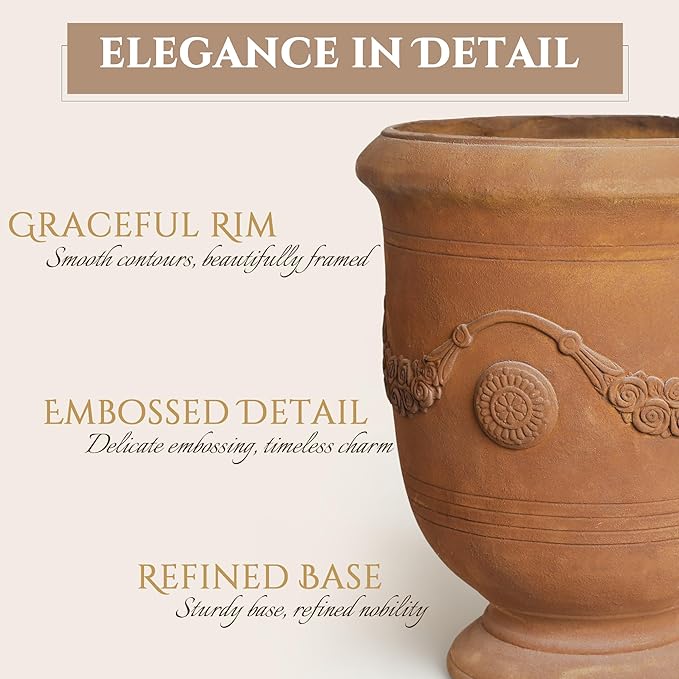 Planters for Indoor & Outdoor Plants, 16.5" Large Magnesium Oxide Urn Planter with Drainage Hole, Decorative Unique Garden Plant Pots for Front Porch & Home Decor, Rust Color