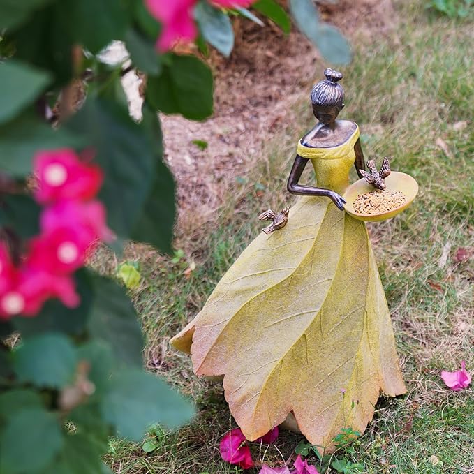 DiliComing Large Garden Fairy Statue Bird Feeder & Bird Bath - 23-Inch Resin Outdoor Yard Decor Angel Statue, Decorative Girl Sculpture for Garden, Lawn, Patio Yellow