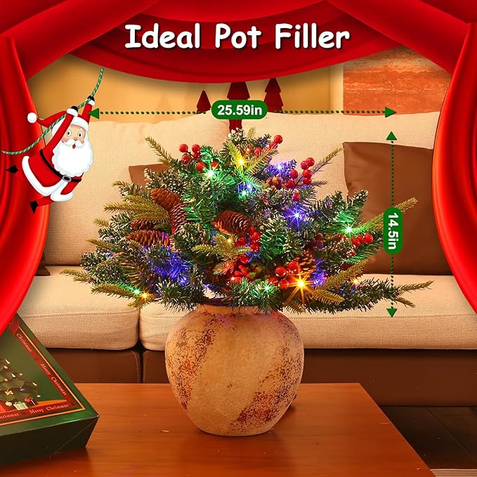 JOYHALO 2 Pack Set 21Inch Christmas Urn Filler with 50 Lights Remote Controlled in Multicolor, Christmas Pot Fillers with PVC&PE Branches, Outdoor Christmas Trees for Porch Pathway Yard Decorations