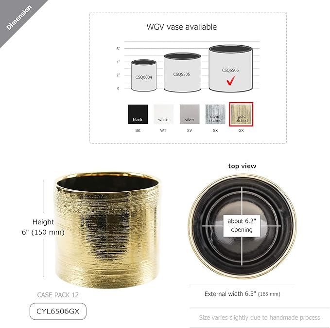 WGVI Gold Etched Ceramic Cylinder Vase Width 6.5" Height 6", Flower Arrangements, Candle Holder, Terrarium Planter Pot, Storage Container Organizer, Pen Brush Holder, Scratched Texture Design, 1 Pc