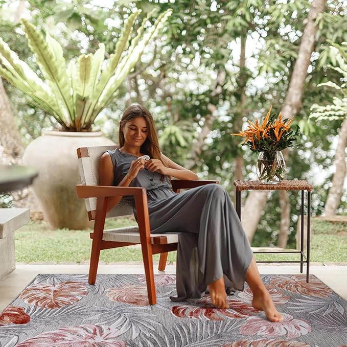 CAMILSON Indoor Outdoor Rug, Multi Color 6’x9’ Leaf Tropical Botanical Area Rugs for Indoor and Outdoor patios, Easy-Cleaning Non-Shedding Living Room, Garden and Kitchen Washable Outside Carpet (6x9)